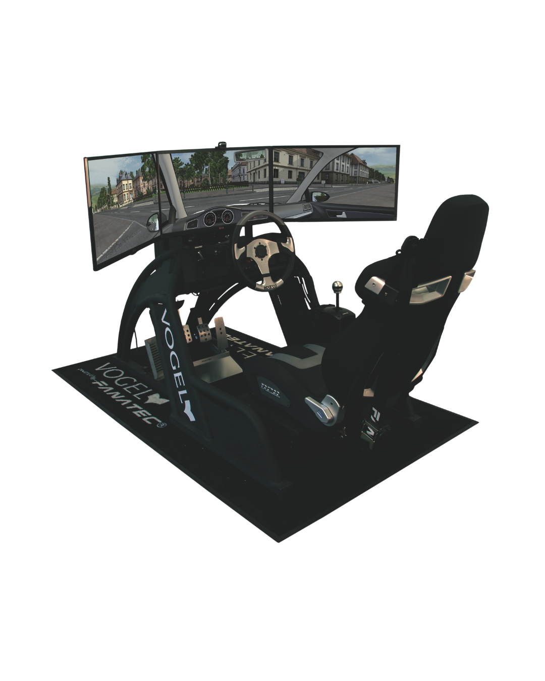 Fahrsimulator mit Bildschirmen, Lenkrad, Pedalen und Fahrersitz